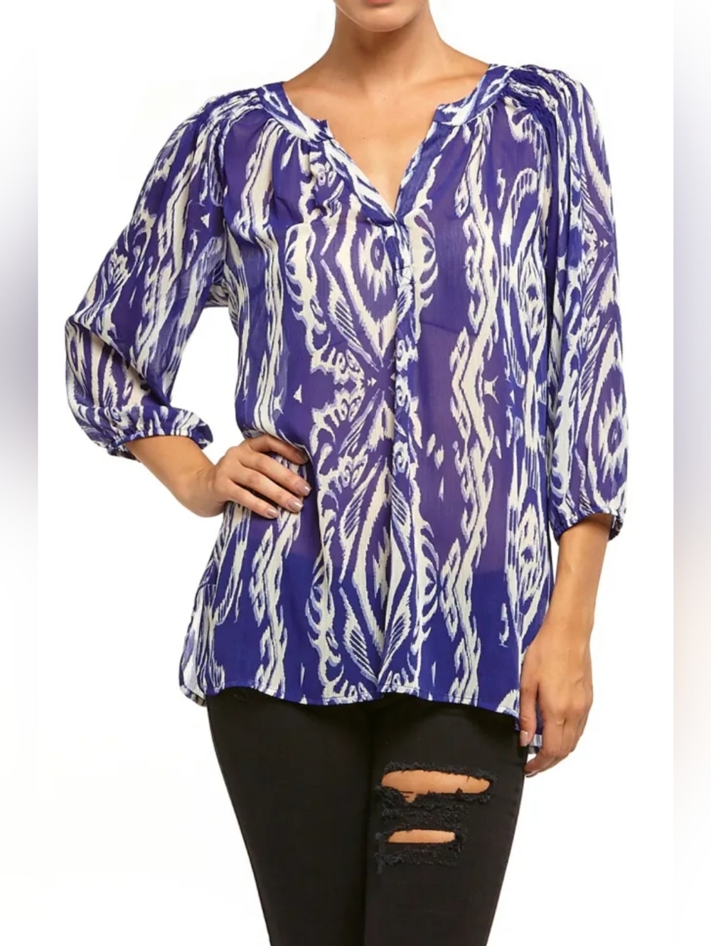 HARLOW ZEE Ikat Semi-Sheer Blouse, Size XS